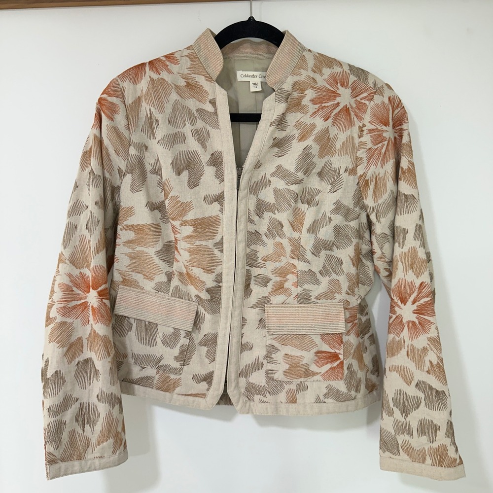Coldwater Creek Beige Floral Patterned Jacket with Tan and Rust Accents